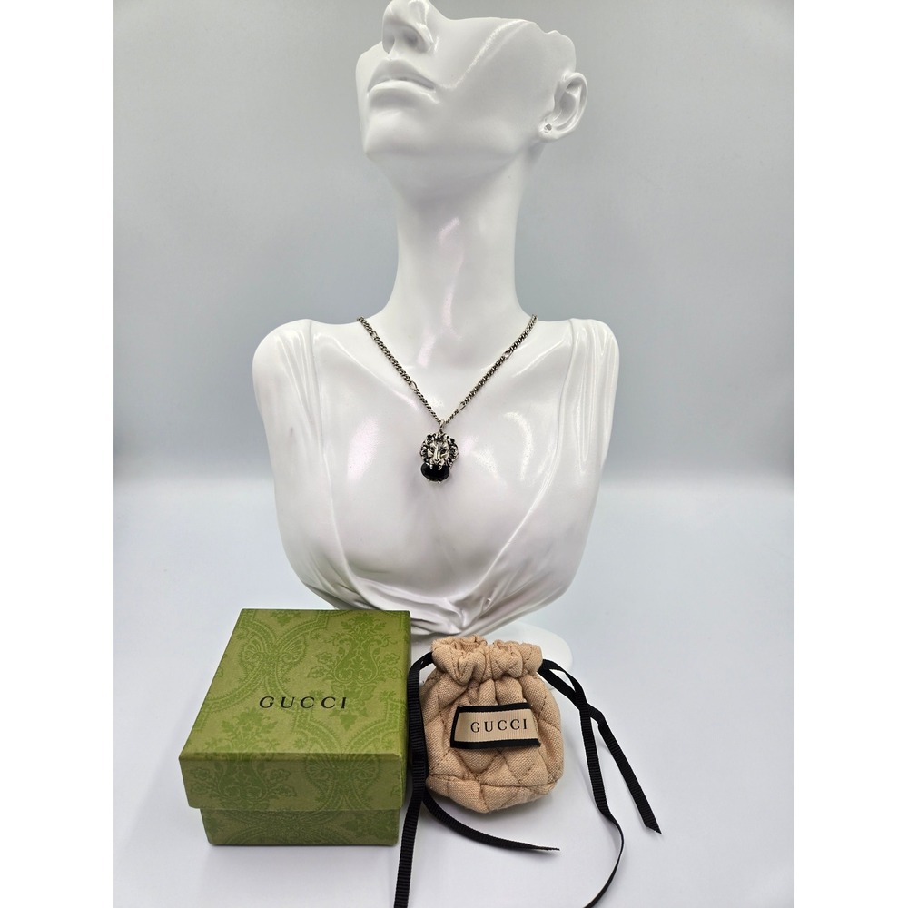 Gucci Sterling Silver Brass Swarovski Lion Head Necklace Black - Picture 8 of 10